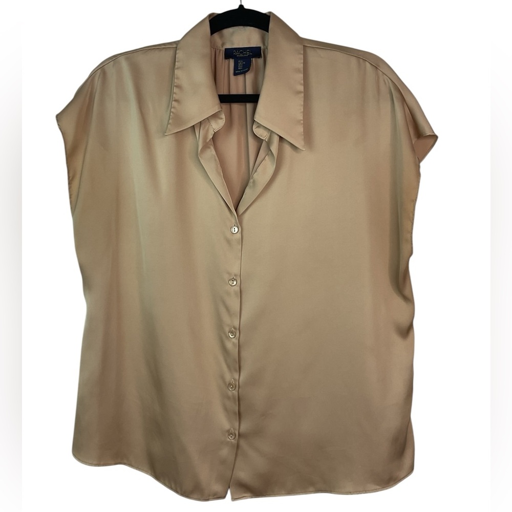 RACHEL Roy Beige/Gold Silk Cap-Sleeve Button-Front Blouse L